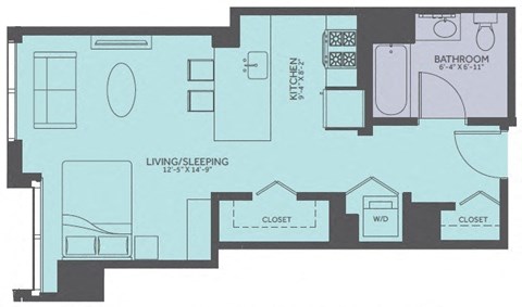 Floor plan for studio, 1 bath, 506 sqft